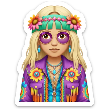 3D, psychedelic colored hippie wearing hip huggers and a fringed jacket with flower border sticker