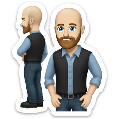 Bald, Caucasian, sky-blue-eyed, Psychotherapist in a modern colorful chair. He has a brown full beard and he’s Wearing a black dress shirt with a subtle pattern, blue jeans and black Chelsea boots with his legs separted leaning forward grey in goatee sticker