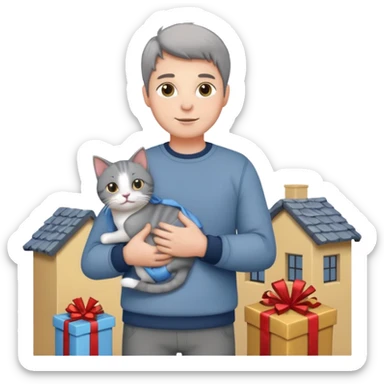 man houd kat vast en staat op dak met cadau`s sticker