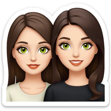 Happy sisters, brunettes, chartreuse eyes, makeup, stylish sticker