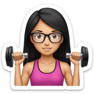 Mujer fitness usando mancuernas con lentes de marco delgado y cabello largo negro sticker