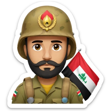 A very tired and sad, swarthy Iraqi soldier with a beard, an Iraqi flag on his helmet, a sad expression and bags under his eyes sticker