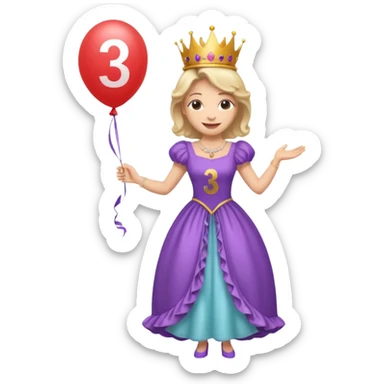 queen wearing dress, holding balloon in shape of number 3 sticker