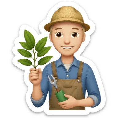 Adult male, light skin, friendly smile, casual farm-style clothes, relaxed posture, holding a plant or small tool, approachable, completely unique from other male roles sticker