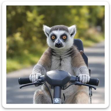 ring tailed lemur riding a mobility scooter, professional photography style, natural lighting, realistic details sticker