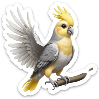 cinematic-[cockatiel]-realistic-full-body-perched-emoji,-wings-tucked-neatly,-head-tilted-dramatically,-sleek-[yellow and grey]-feathers,-simplified-yet-realistic-focused-features,-highly-detailed,-glowing-with-an-almost-sarcastic-glow sticker