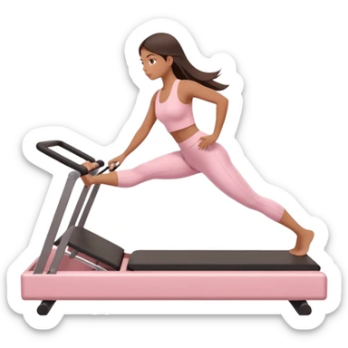 a girl doing reformer pilates, she is wearing a pastel pink fit and she has dark straight and loose hair.  sticker