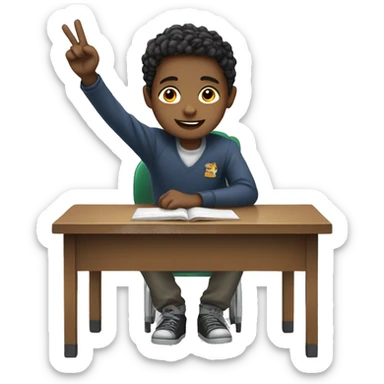 boy is sitting at school desk, hand is raised sticker