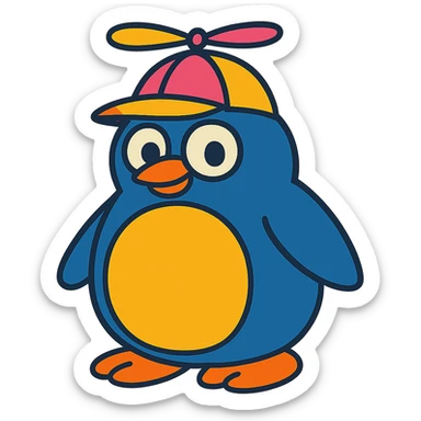 Change the penguin's spinning propellor hat to pink and yellow, keep the vibrant toon style, with no background. sticker