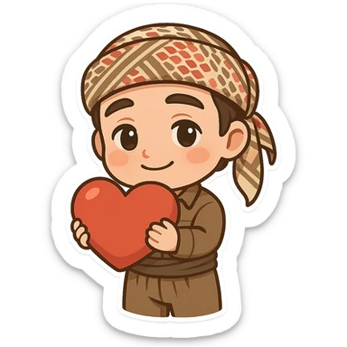 Kurdish man or woman in jamadani, cartoon style, holding a big red heart, affectionate expression, no text sticker