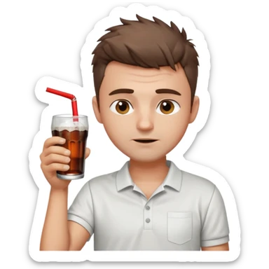 Handsome male.short messy brown hair.mowhawk hairstyle. wearing white golf shirt.grey shorts. Drinking coke . Drunk sticker