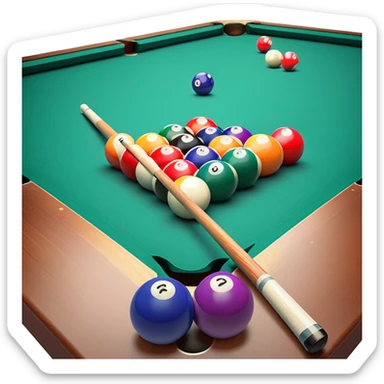 Two crossed pool cues resting on a billiard table, with colorful billiard balls scattered across the surface. The background features the felt of the table, creating an inviting atmosphere for a game of precision and strategy sticker