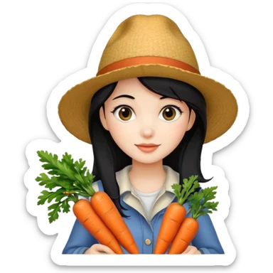 girl with black hair wearing a hat holding carrots sticker