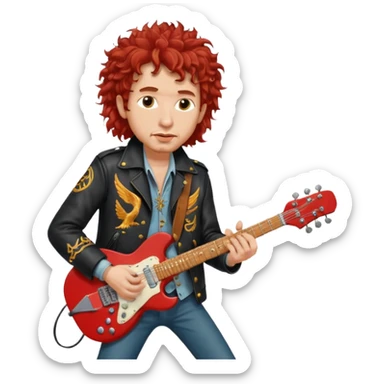 realistic cinematic Bob Dylan, unshaven and long haired, in a motor jacket embroidered with bronze cranes, plays an electric guitar, his long curly hair is red from the spotlights sticker