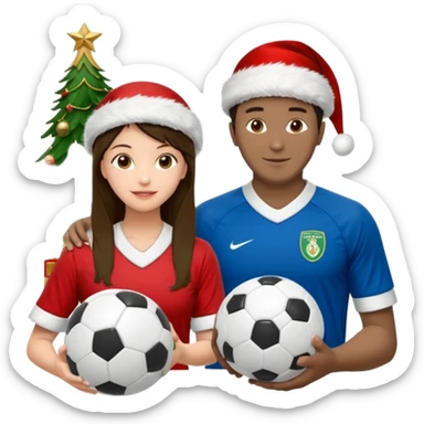 3 atletas, um homem no meio e duas mulheres com cores de pele diferentes, usando elementos esportivos, bola de futebol, luvas de luta e bola de vôlei. Coloque um chapéu de papai noel das cores verde e com uniforme azul e branco sticker
