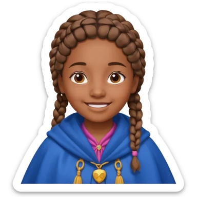 brown skin girl with braided hair, wearing blue cloak, smile sticker
