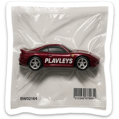 burgundy Hot Wheels toy car Ferrari with the word 'PLAVLEYS' written on the side, glossy and puffy, vacuum-sealed style sticker
