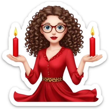 a blue eyed woman with very long brunette curly hair, full lips,and really pale skin. She is wearing a leopard printed thin round-ish glasses . She is wearing fully plain silky red dress. She is flying on the air. There are red candles in her hands. She is making a magic. sticker
