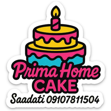 A stylish logo for 'Prima Home Cake' with the text 'Saadati 09107811504' in a printable format, playful cursive font, vibrant colors, suitable for cake decoration sticker