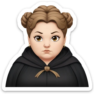 Alecto Carrow in harry potter, a white fat woman , one knot bun light brown hair, look evil, black cloak sticker