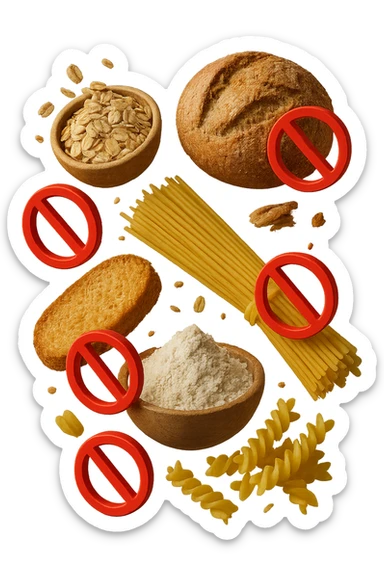 cereali, pane, pasta e farine realistici fluttuano in aria con piccoli divieti 3d, IPERREALISTICO 4K sticker