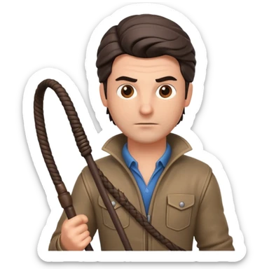 man with a whip portrait, head and shoulders only, whip coiled on shoulder, rugged outfit, confident look, 3D cartoon, mobile game icon style, clean background, no text, no watermark
 sticker
