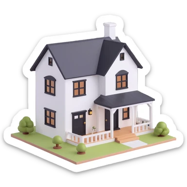 modern farmhouse dollhouse, white with black trim and wooden accents, 3d isometric  sticker