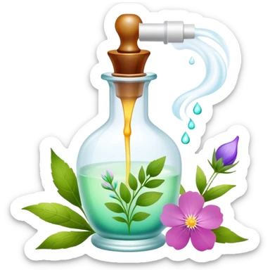 Perfume making icon, delicate glass bottle being filled with colorful essential oils from droppers, swirling mist rising from the bottle, flowers and herbs nearby, minimalistic style, clean lines, transparent background. sticker