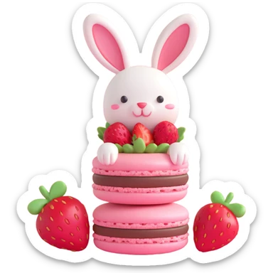 3D ios style macaron with strawberry and a bunny on top, purple color sticker