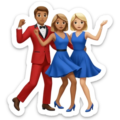 Two people. Man wearing all  RED with brown hair. Women  ALL blue with blond hair. Swing Dancing.  sticker