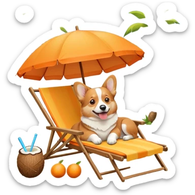 a corgi dog laied on a beach chair, a sunny beach, a sun umbrella, and beach coconut trees. the icon should capture the essence of a relaxing beach vacation with a carefree atmosphere sticker