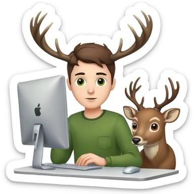 White Guy works at computer with deers antlers, green clothes, brown eyes  sticker