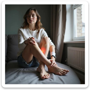 woman sitting with one leg raised, holding foot with expression of pain, painful knees, caused by orthotic insole, realistic style, white background sticker