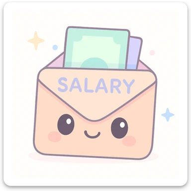 cute cartoon style salary envelope, bright colors, smiling face added sticker
