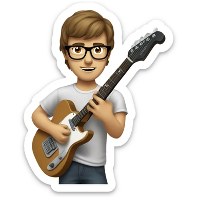 A nerdy guy with glasses and short brown hair playing a telescaster sticker