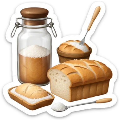 a one victorian bottle of salt and a loaf of bread - a bread bag, crochet needles and a ball of wool sticker