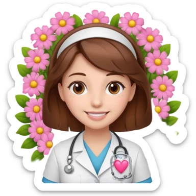 Brown hair Nurse with pink heart and flowers surround her sticker