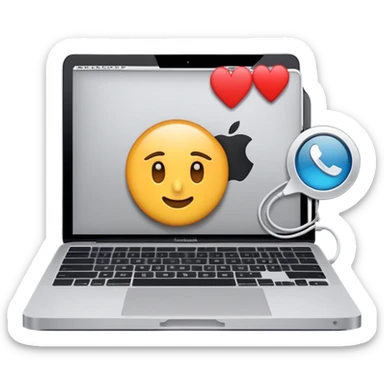 Crea una imagen donde una MacBook, una cámara y un celular estén cargando sticker