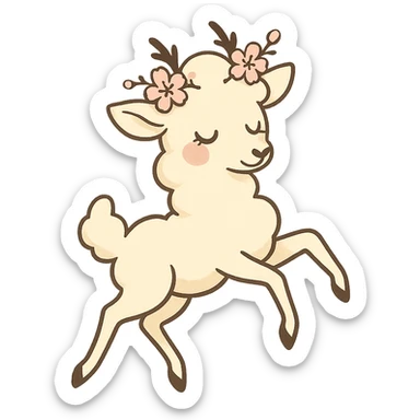 vanilla-colored cloud doe with rosy cheeks, cherry blossom crown, floating gracefully with witch-like elegance, brand identity mascot for social media sticker