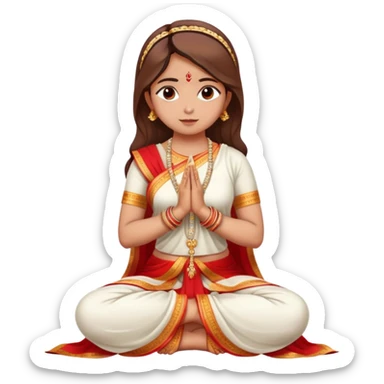 Full body Bengali girl wearing traditional red and white saree with hands joined in prayer position sticker