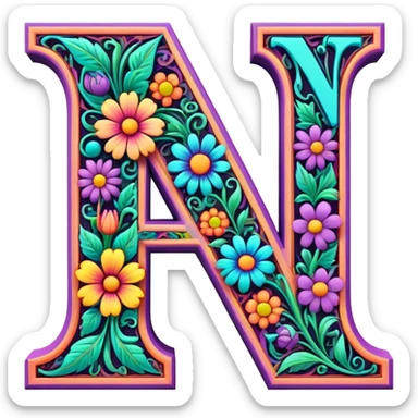 3D, gothic style psychedelic colored capital Letter N with hippie style flower border sticker