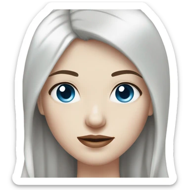 woman with pale skin, blue eyes and long dark red hair with layers and fringe bangs, wearing a white top and silver jewellery sticker