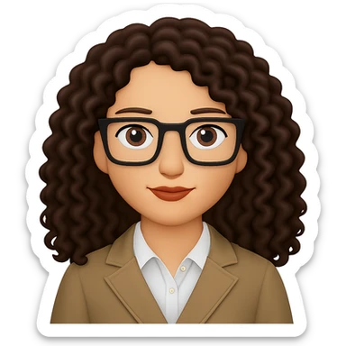 Change to rectangular glasses, keep lady with long dark brown curly hair, in emoji style with no background. sticker