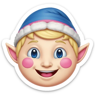A blue emoji with fat pink cheeks and is smiling like a elf sticker