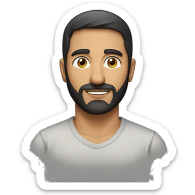A head and shoulders shot of a 37 year old Middle Eastern man, with short black hair, with beard facial hair,   with brown eyes wearing a t-shirt. sticker