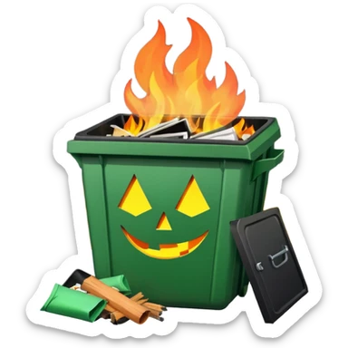 Green smiling dumpster with an open black lid and a fire burning inside it. there is litter and trash on the ground around it sticker