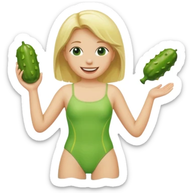 Pickle with blonde hair wearing a bathing suit sticker