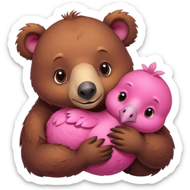 A cute brown bear and a pink dodo closely snuggled together sticker