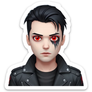 Cyberpunk man, slicked hair, silver metal jaw prosthetic, glowing red eyes, cold expression, clinical lighting sticker