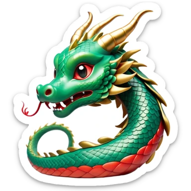 Cinematic Cute Chinese Serpent Dragon Portrait Emoji, Head tilted playfully and inquisitively, showcasing a slender, flowing body with vibrant jade scales and soft vermilion accents intertwined with whimsical wisps of cloud and water details; rendered with realistic finesse and warm natural light, high shine, charming and spirited, styled with a touch of mythic whimsy, soft glowing outline, capturing the essence of a mischievous yet endearing celestial dragon poised to weave magic into your dreams! sticker